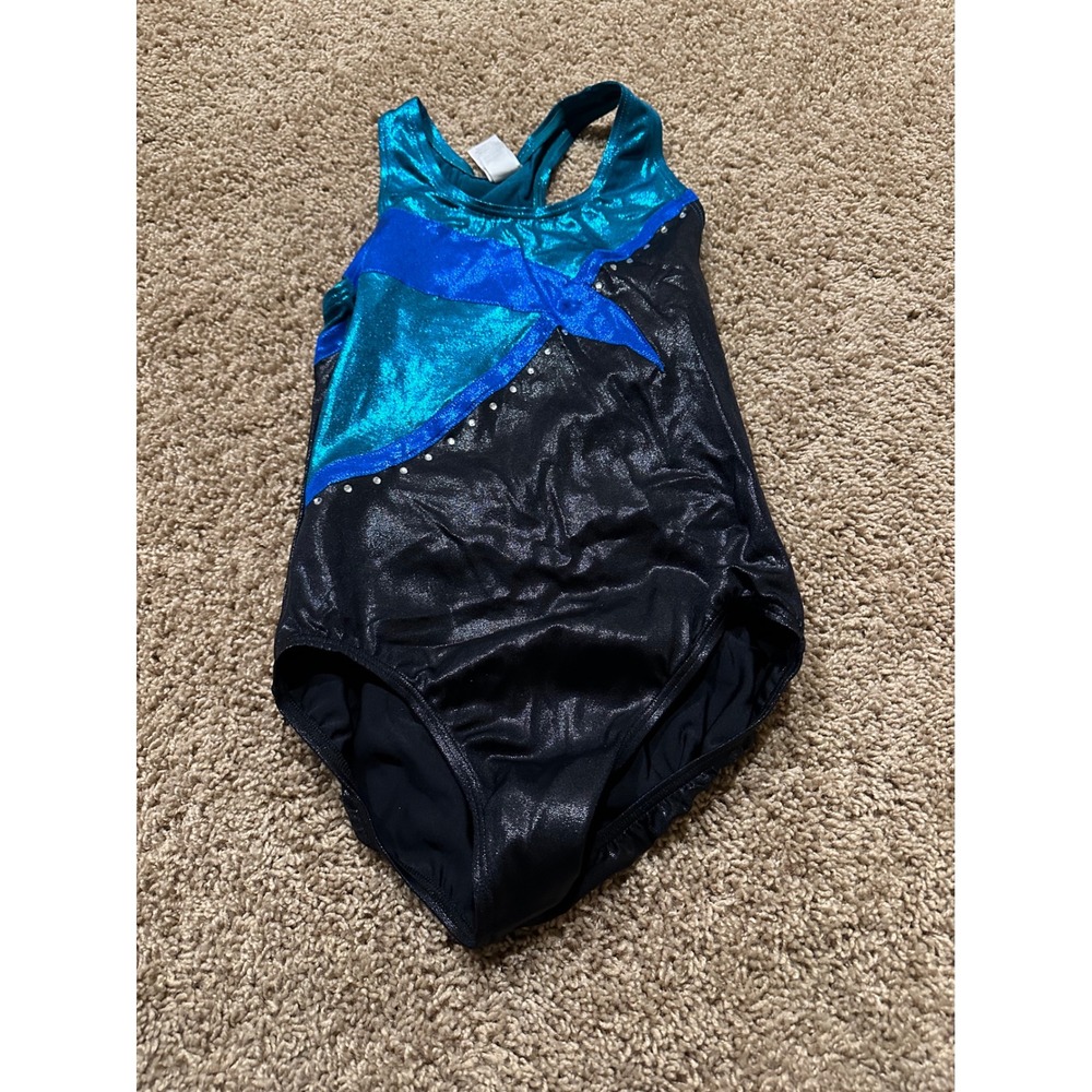 Ivivva‎ Girls Gymnastics Leotard Black Teal Blue Metallic Sparkle Rhinestone LC